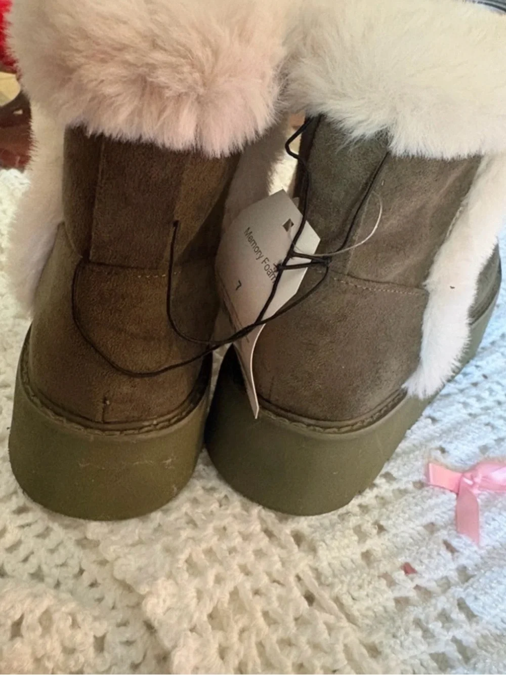 Time and Tru Olive Suede Ankle Booties with Cream Faux-Fur Cuff